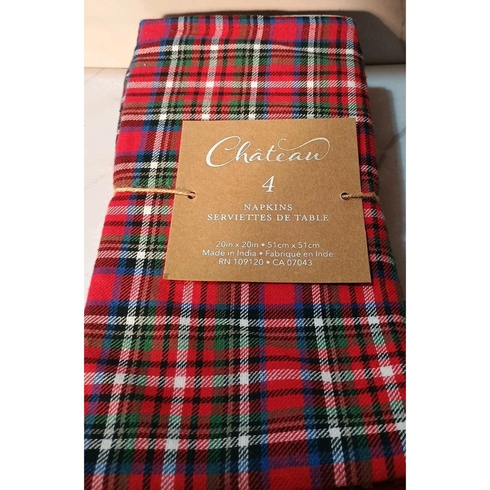 Chateau Set Of 4 Cotton Red Christmas Plaid Napkins Farmhouse Size 20" X 20" New